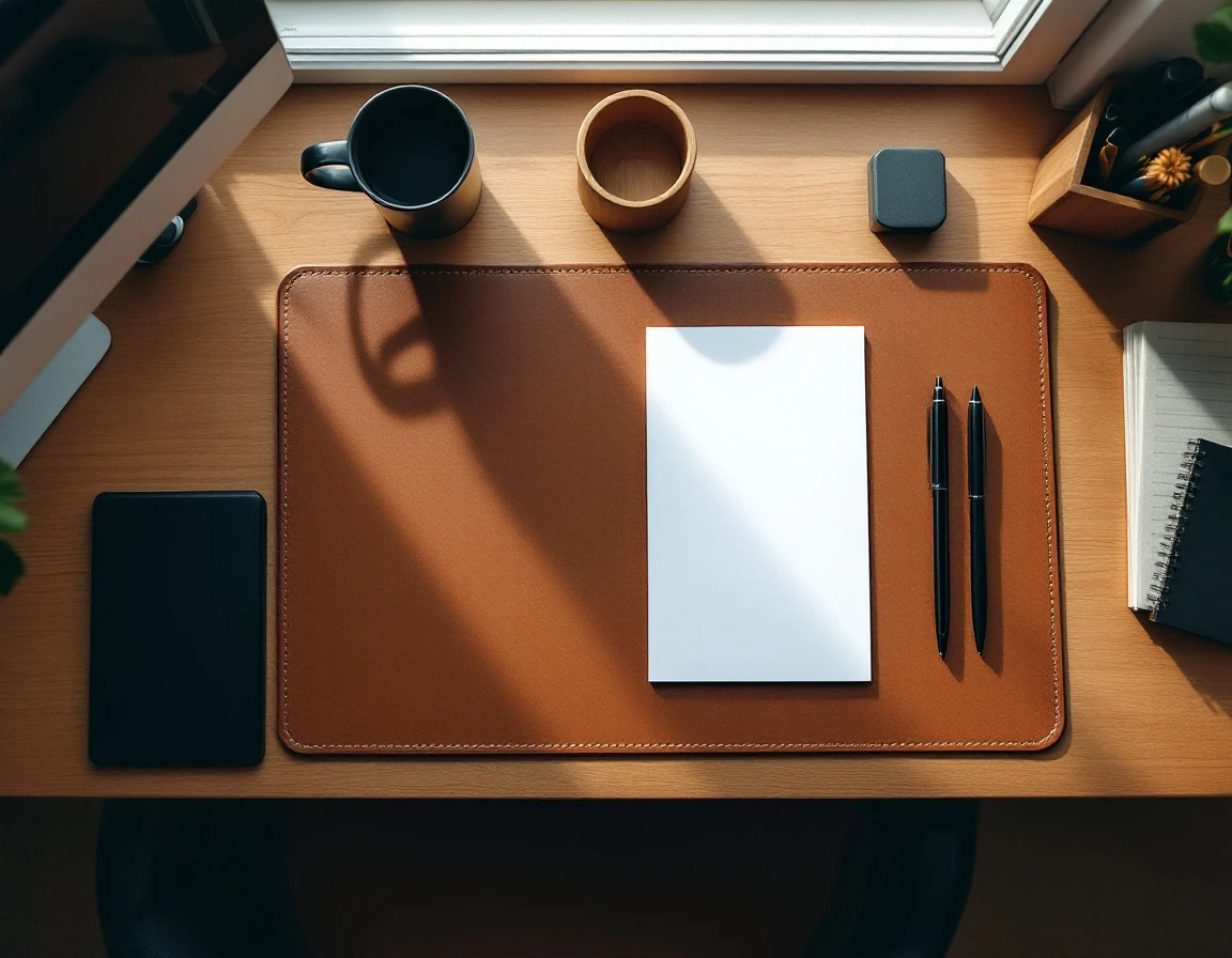 Organized desk workspace with blank papers and office supplies arranged in systematic order