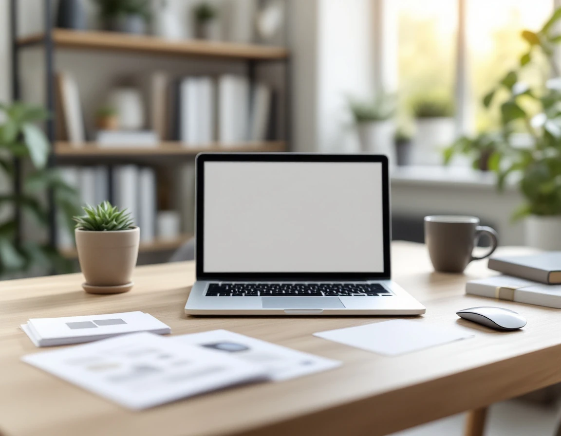 Clean desk workspace with closed laptop and blank papers in natural window light for SEO analysis