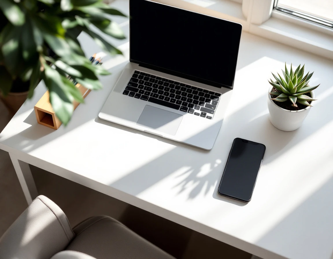Clean overhead view of minimalist desk with laptop, plants, and writing materials in natural window light