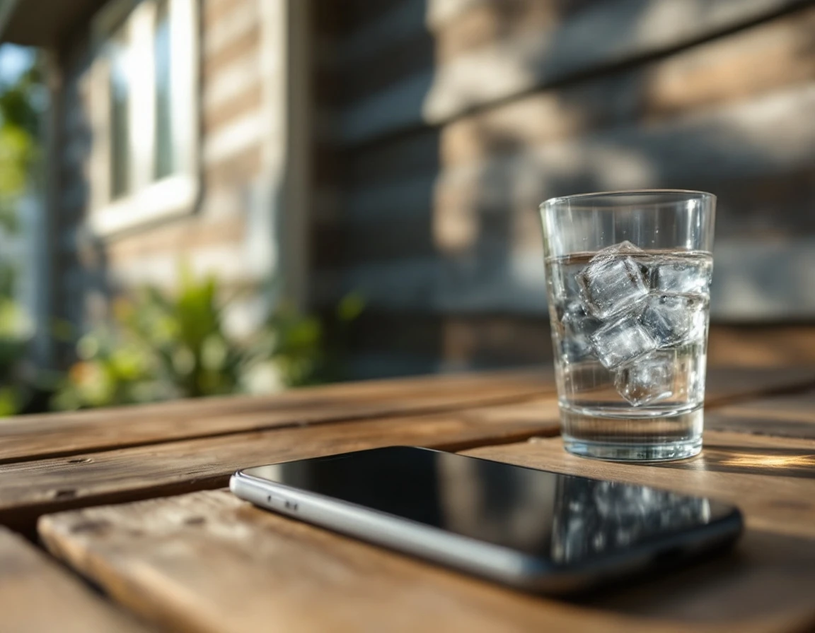 Smartphone on porch showing emergency home service search during summer heat with AC unit in background