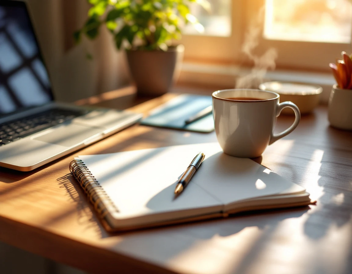 Sunlit home office desk with notebook, coffee, and planning materials ready for spring scheduling