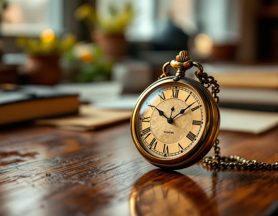 Antique pocket watch on wooden desk representing timeline measurement in content strategy