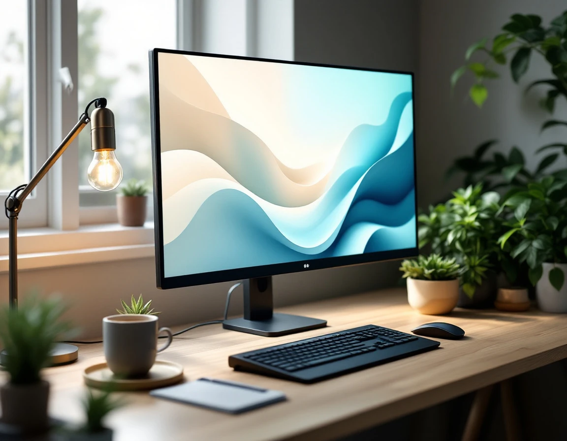 Modern desk workspace with monitor displaying abstract color gradients in soft natural window light