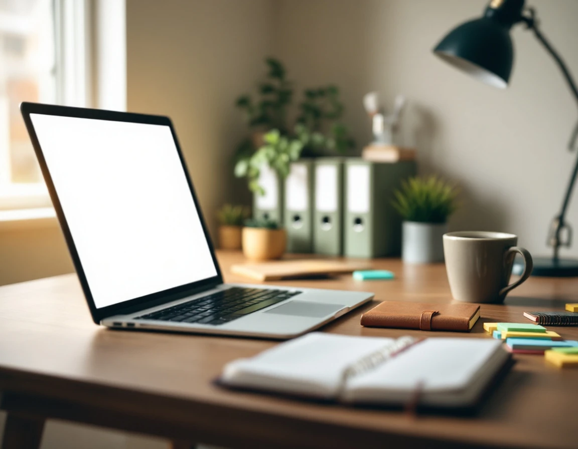 Home services business desk with laptop, planner, and organizational materials in natural morning light