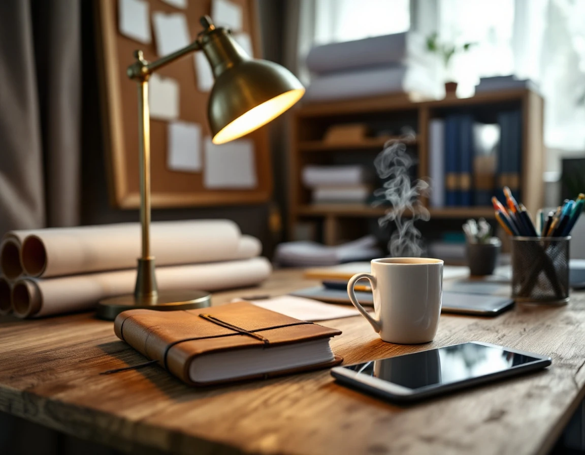 Home services contractor workspace with closed notebook, desk lamp, and coffee mug in natural morning light