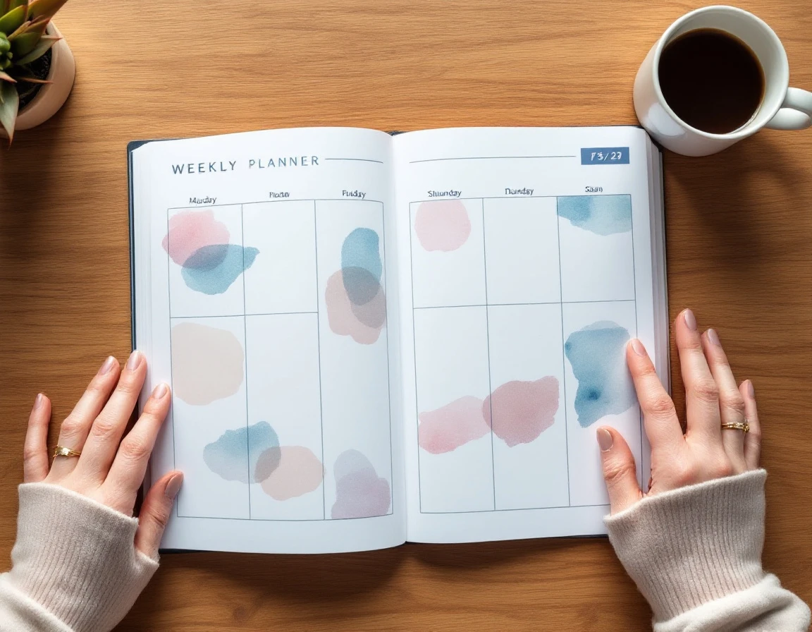 Hands holding open weekly planner on wooden desk with coffee and succulent plant in natural morning light
