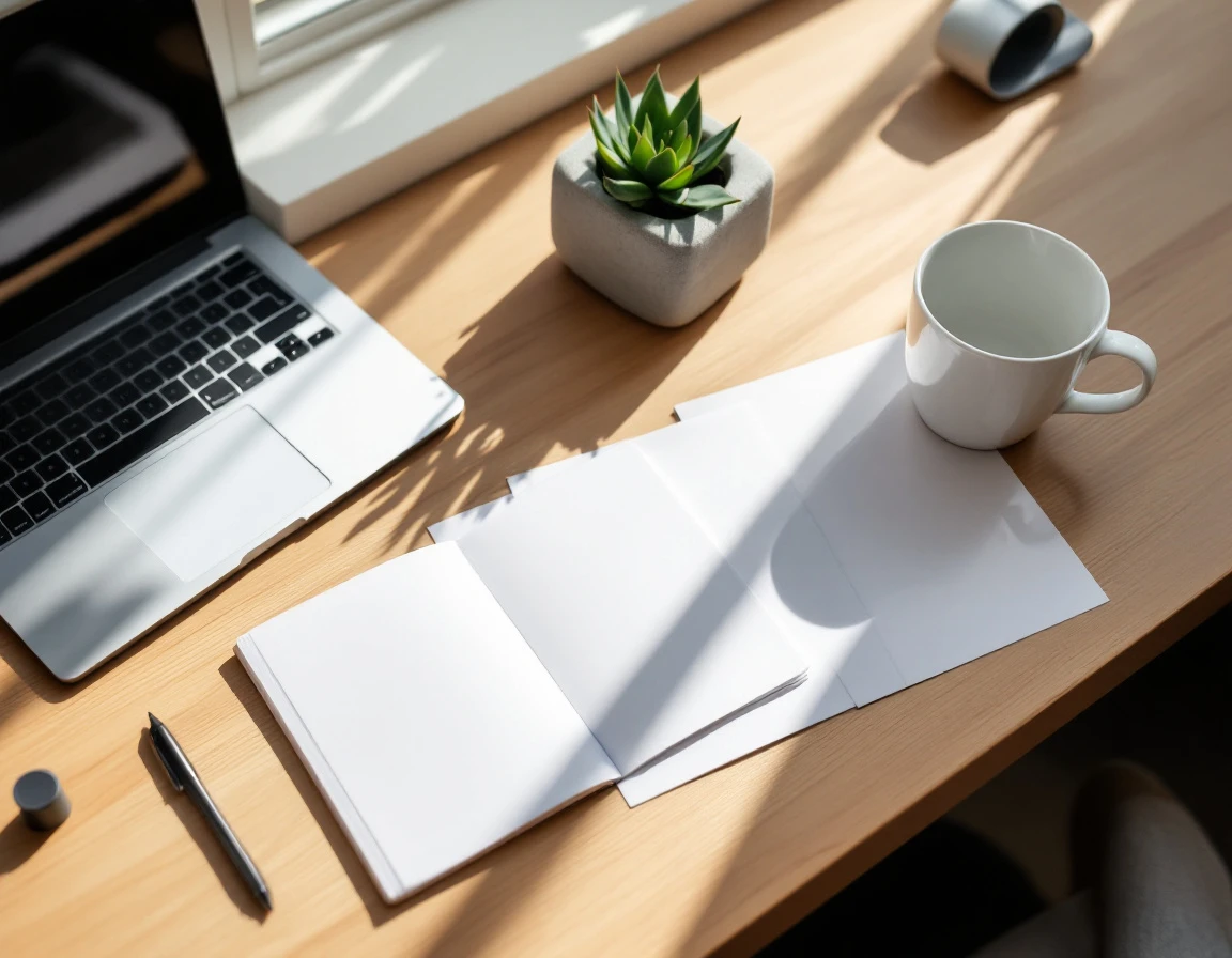 Overhead view of organized desk workspace with blank notebook, laptop, and coffee mug in natural light
