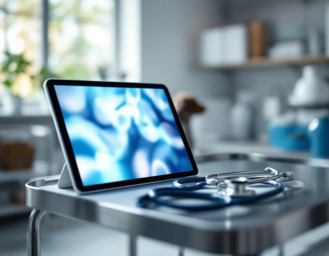 Tablet and stethoscope on medical cart in veterinary clinic with abstract screen display
