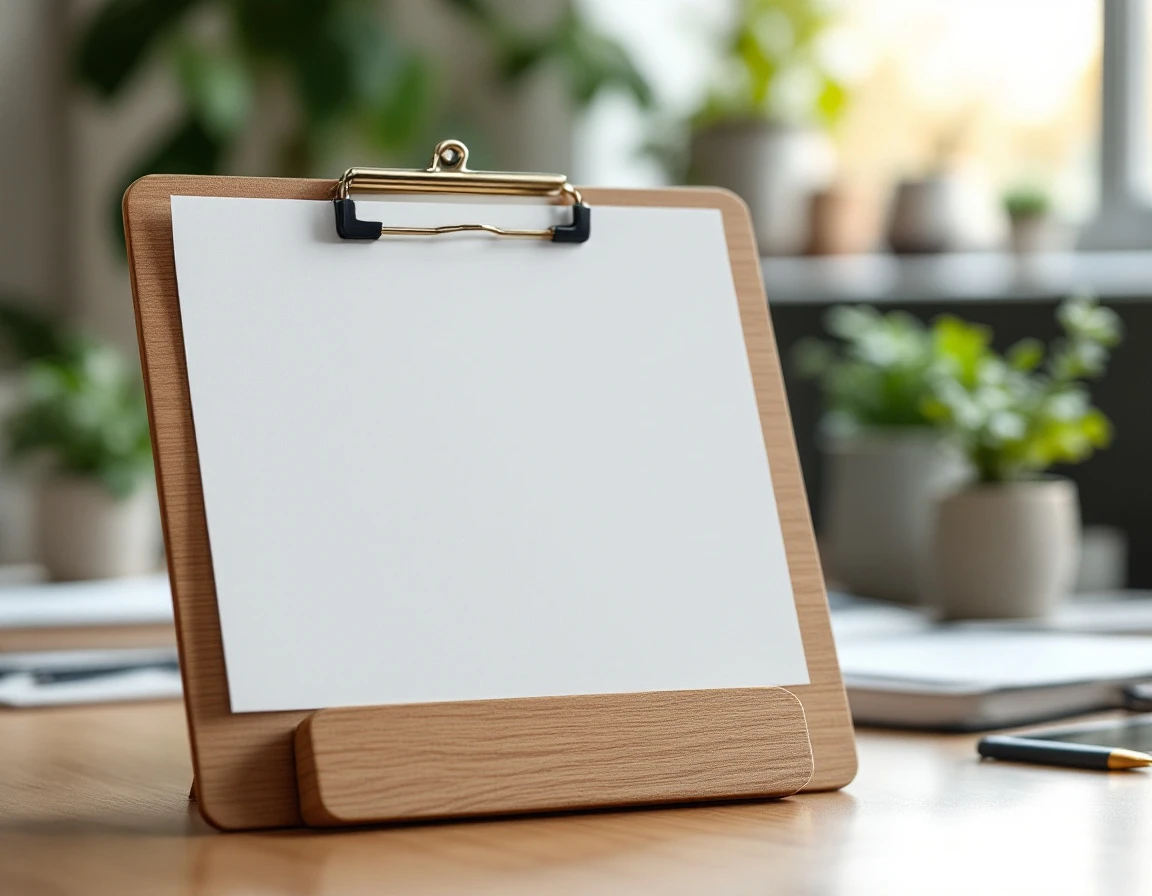 Wooden clipboard with blank papers on office desk showing abstract analytics shapes without readable data