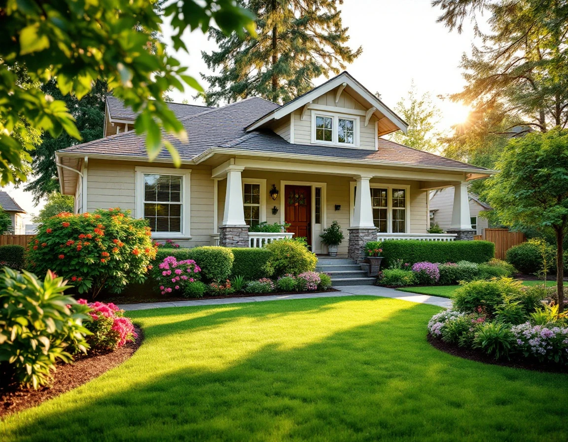 Well-maintained suburban home with fresh landscaping and curb appeal in early June sunlight