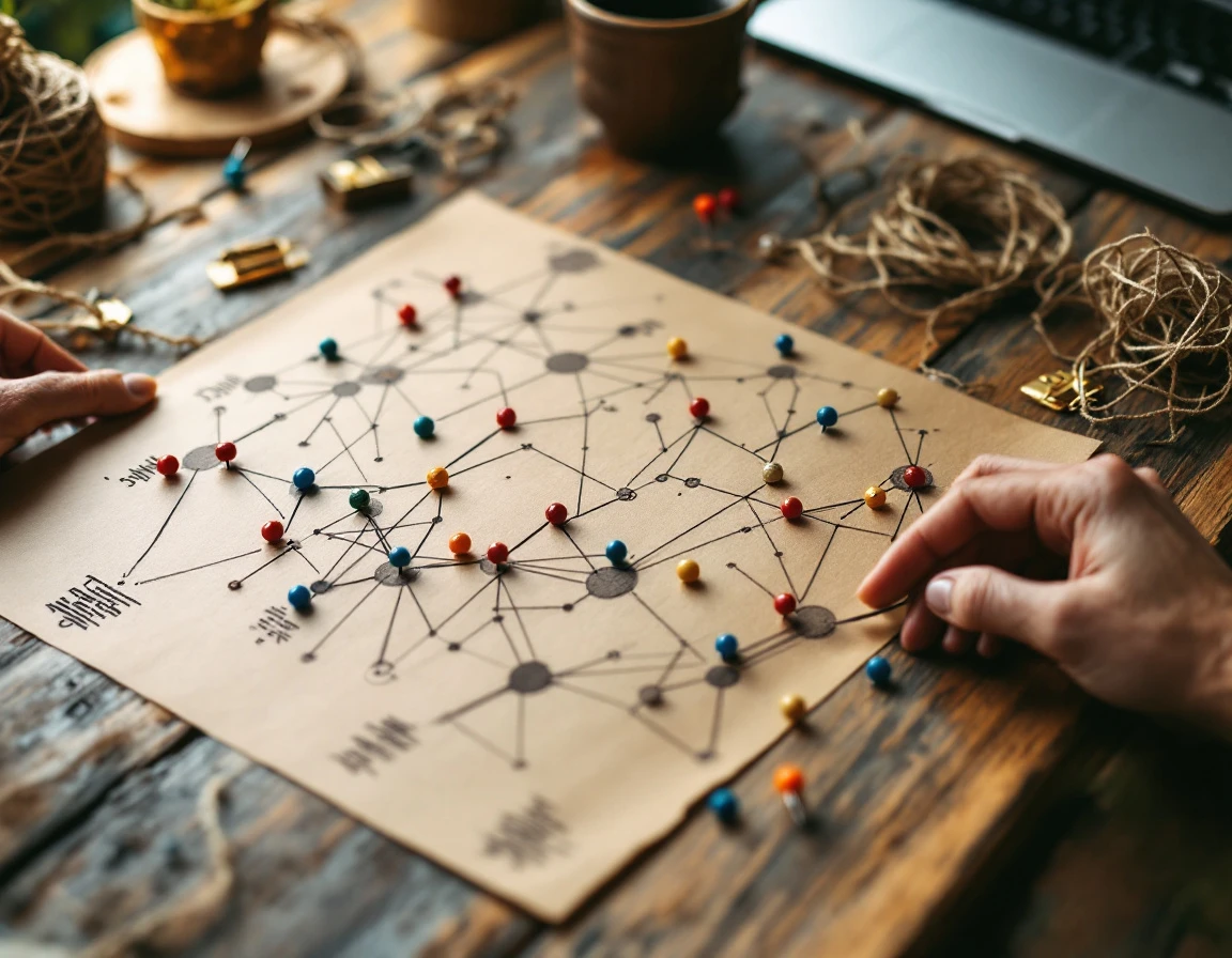 Hand-drawn network diagram on desk with pushpins and string showing interconnected citation mapping strategy