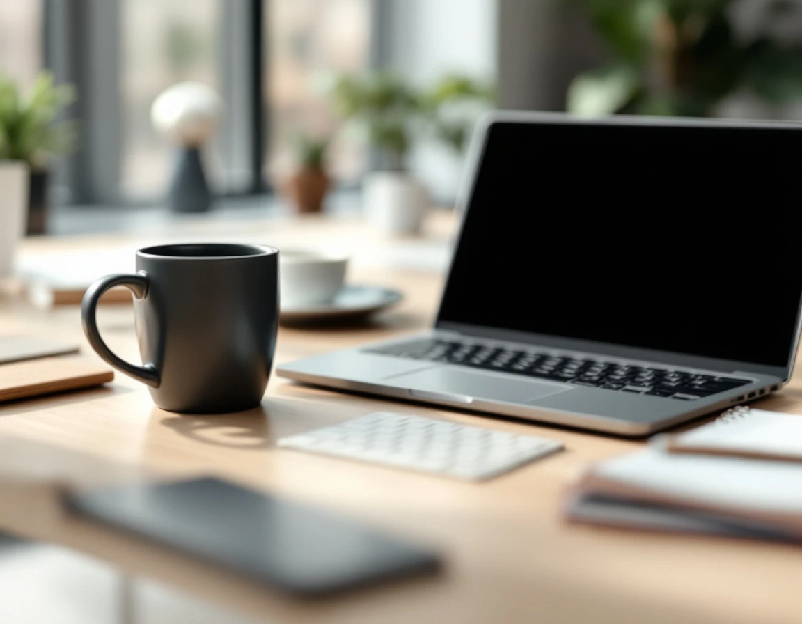Minimalist workspace with closed laptop and coffee mug showing strategic planning environment