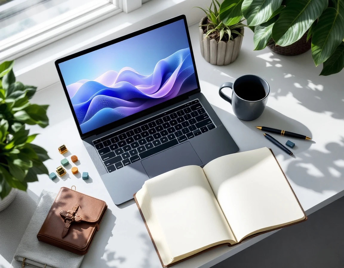 Desktop workspace with laptop, journal, and colorful citation markers arranged on white surface with natural lighting