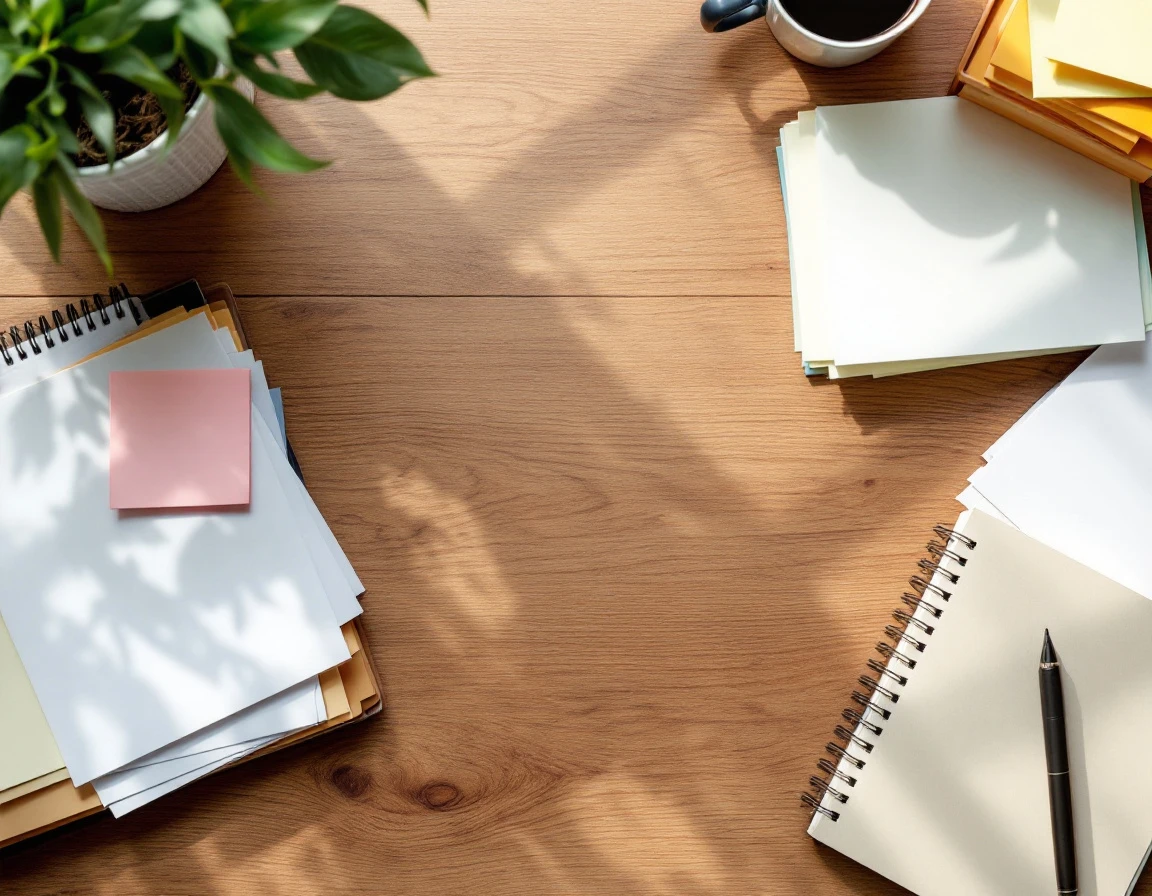 Organized folders and planning materials arranged on desk representing content strategy workflow