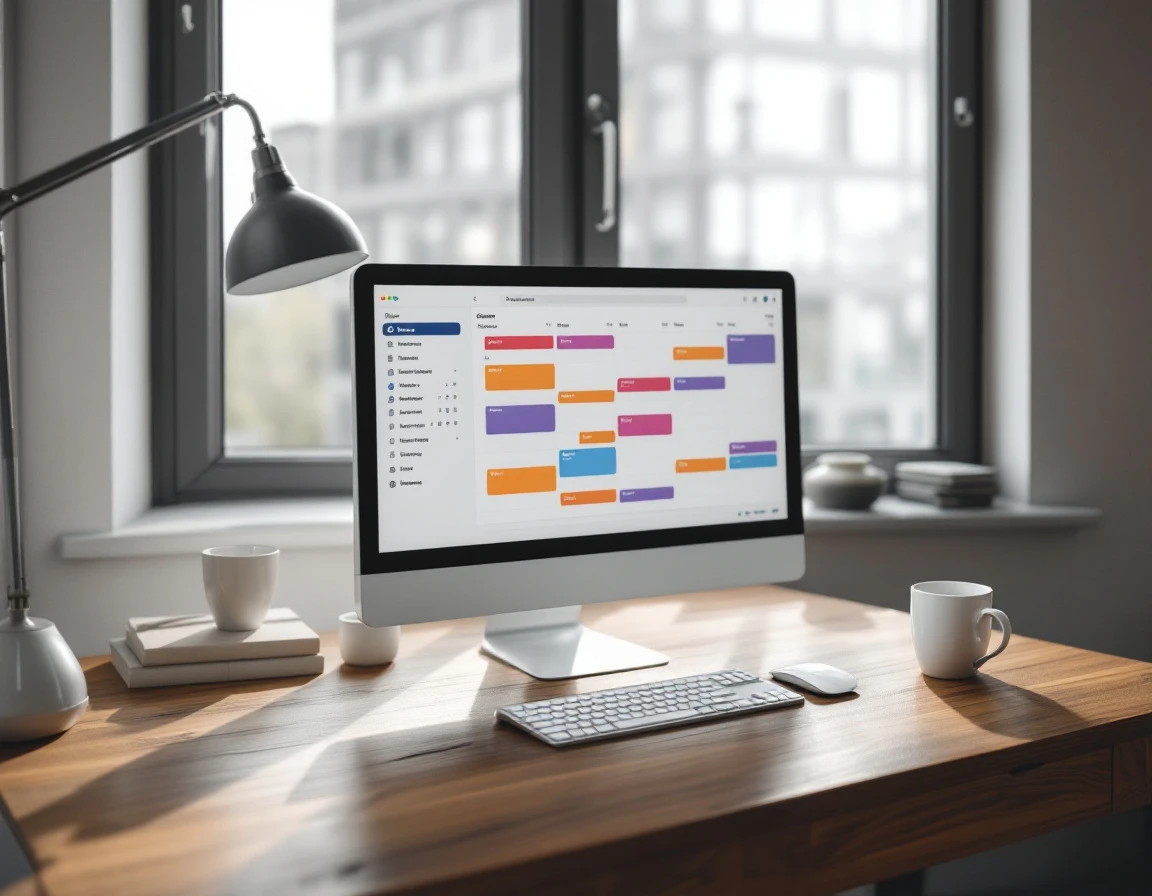 Minimalist desk workspace with monitor displaying content strategy calendar in natural window light