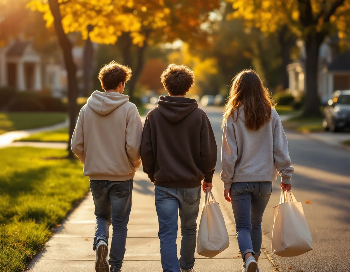 Three Gen-Alpha teens walking home with shopping bags through suburban neighborhood at golden hour