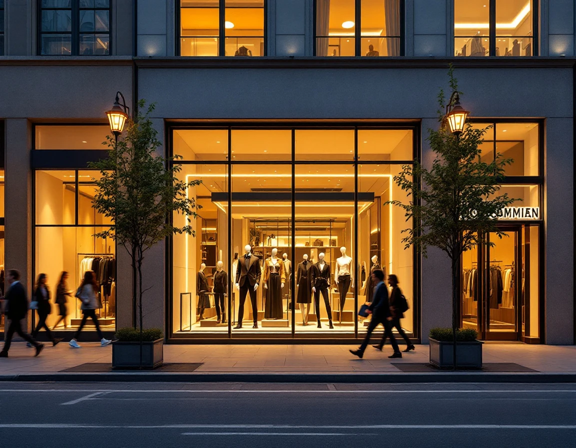 Upscale retail boutique storefront at twilight with illuminated window displays and pedestrian shoppers