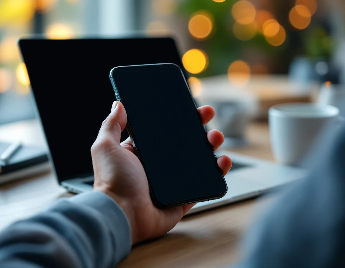 Professional workspace with smartphone held near laptop and coffee mug on wooden desk