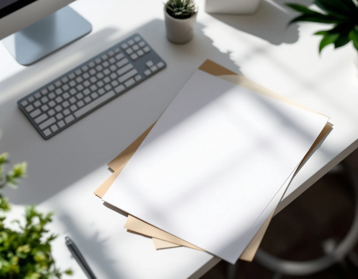 Blank strategy documents arranged on desk with keyboard in professional workspace setting