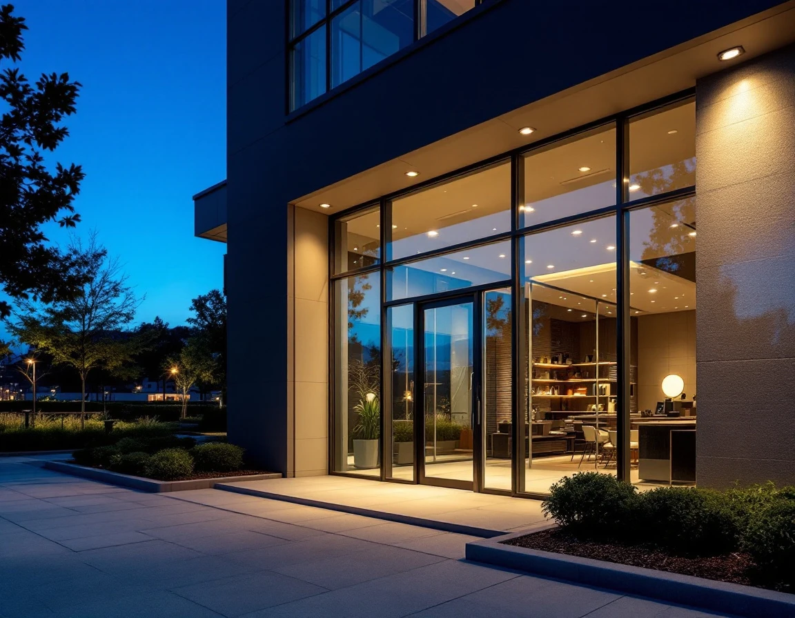 Modern commercial building entrance with glass storefront lit from within at dusk