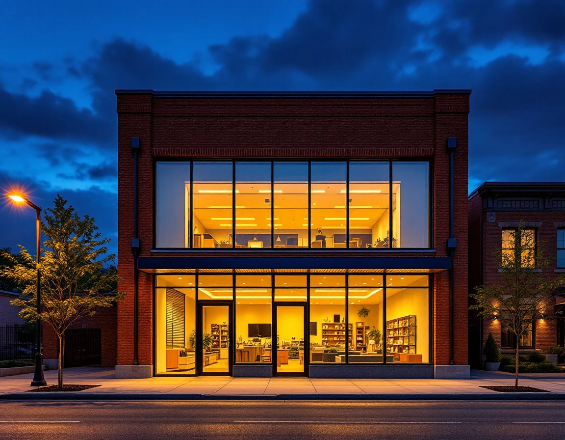Industrial B2B storefront at twilight with warm interior lighting contrasting against blue evening sky
