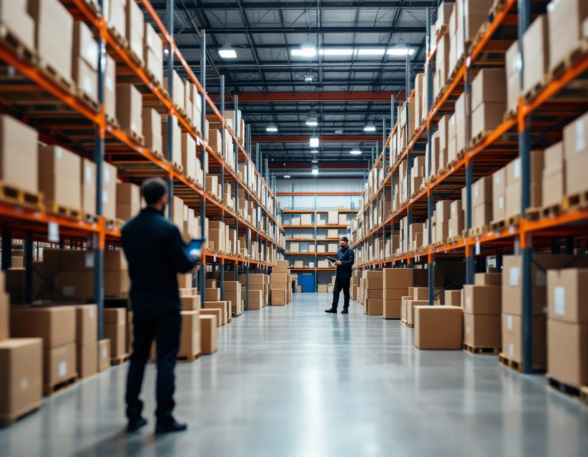 Warehouse fulfillment center with organized inventory shelving and worker managing packages during order surge