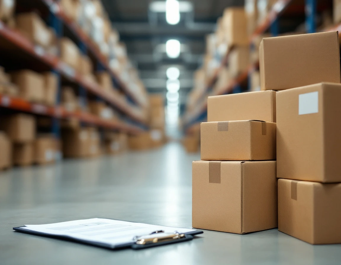 Stacked cardboard boxes in warehouse fulfillment center during peak order season