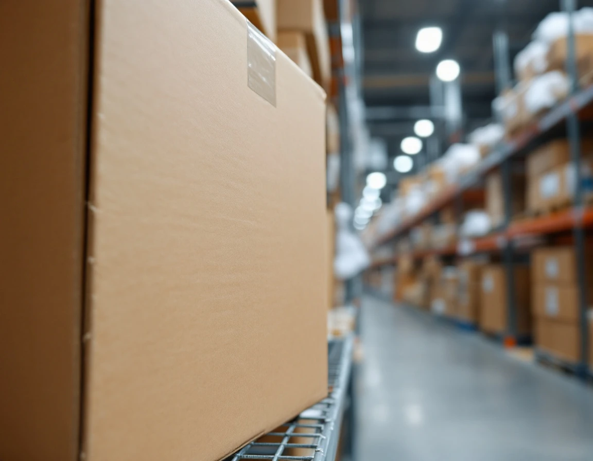 Unmarked cardboard boxes with packing supplies on warehouse shelving in fulfillment center