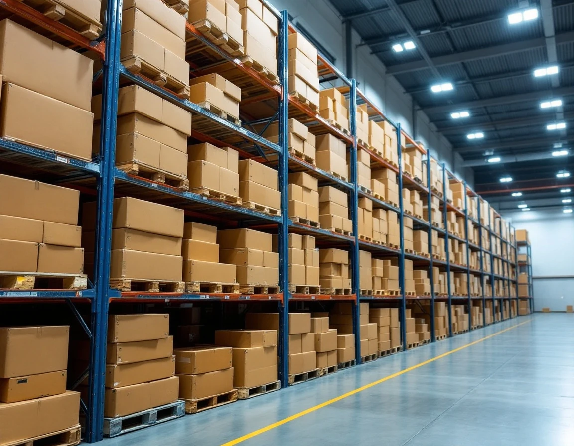 Stacked cardboard boxes on warehouse shelving representing B2B bulk inventory and volume ordering