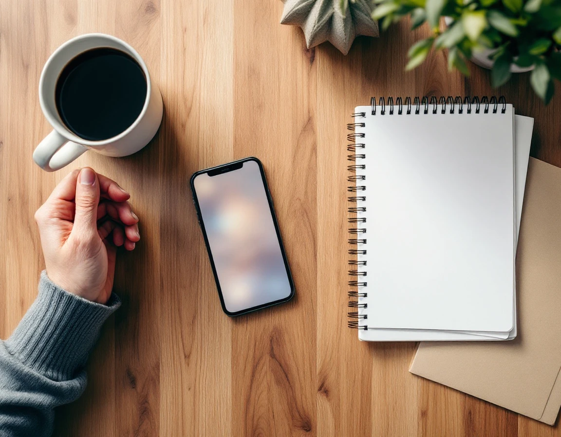 Smartphone on business desk with coffee mug and blank notebook for B2B reorder reminders