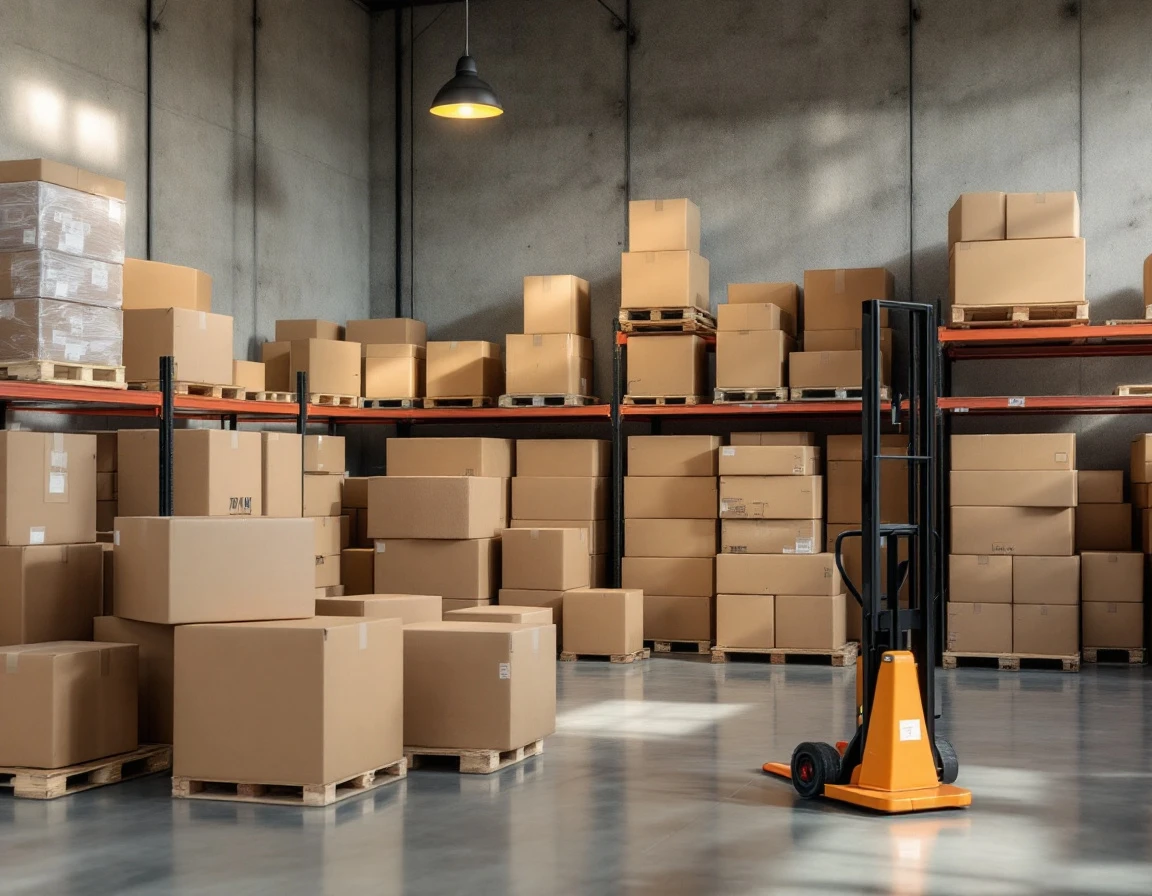 Commercial warehouse with stacked pallets of cardboard boxes prepared for bulk holiday reorders
