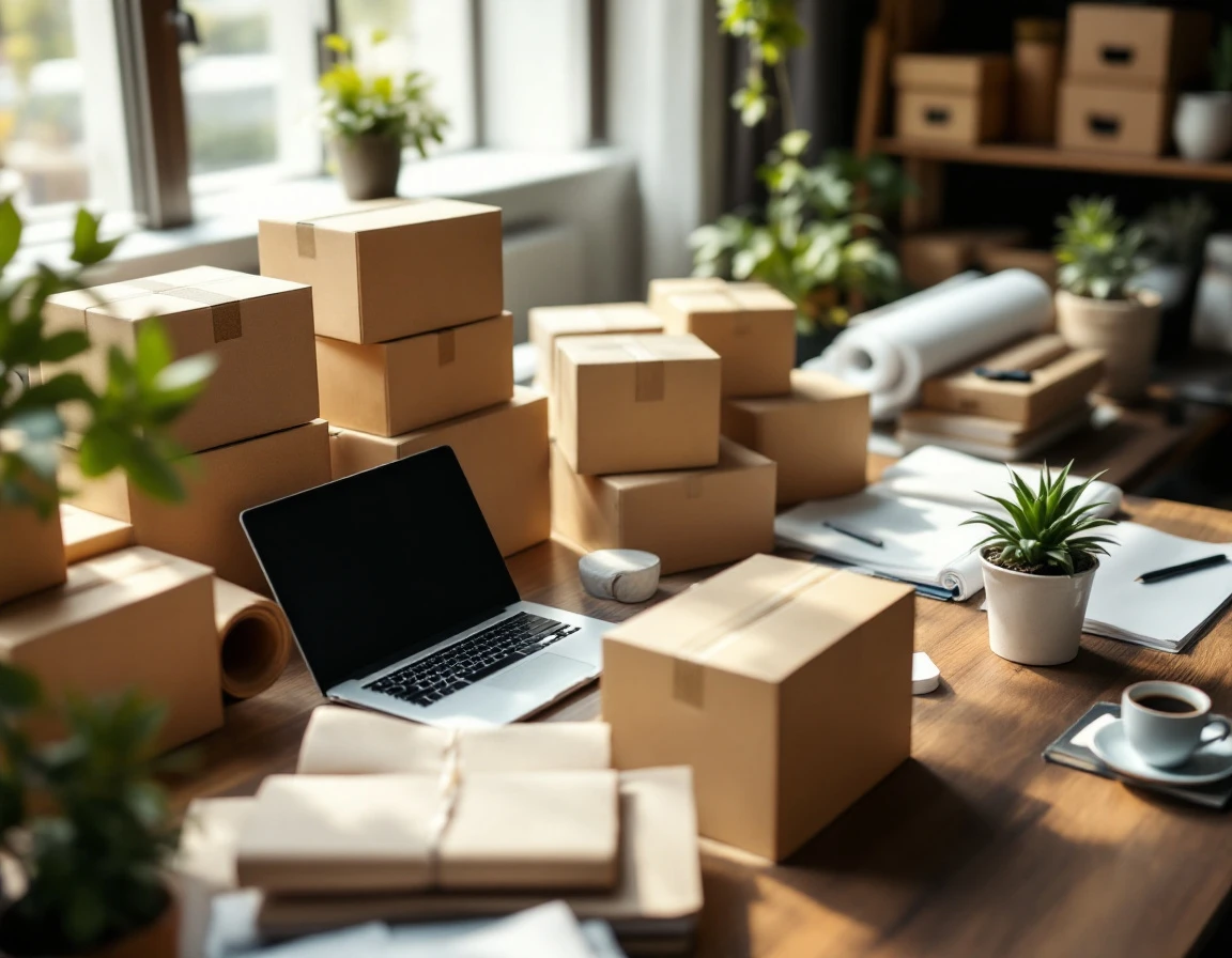 Overhead view of shipping boxes and packing materials on modern business desk with natural window lighting