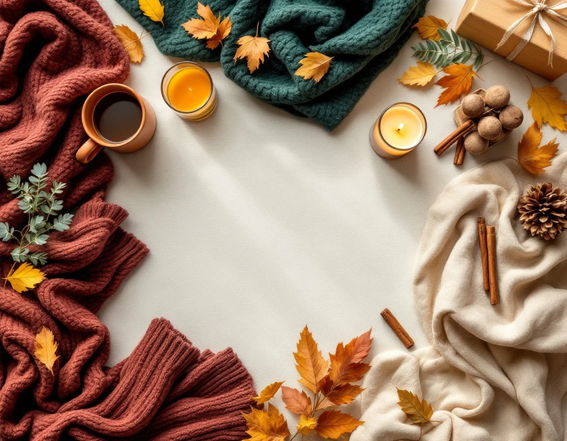 Flat-lay arrangement of fall merchandise including sweaters, scarves, candles, and home goods in autumn colors