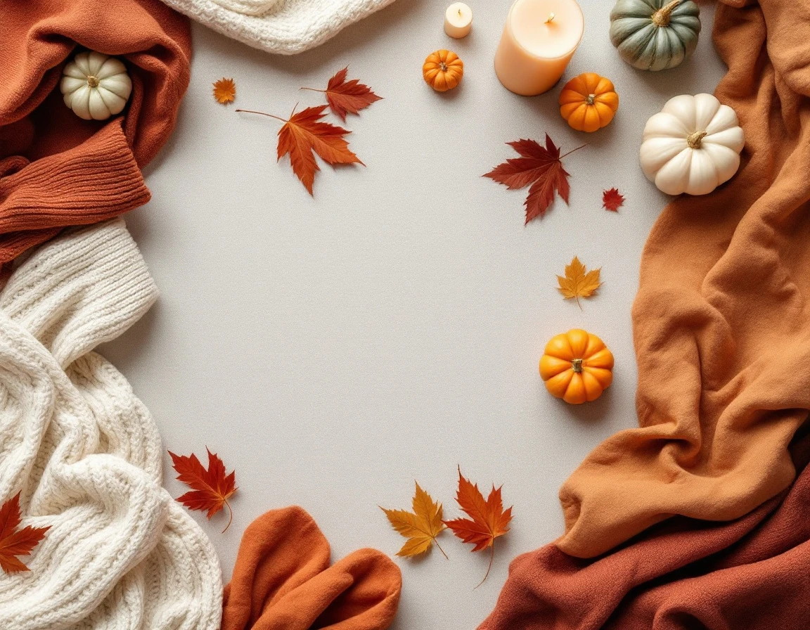 Fall merchandise flat-lay with autumn fabrics, knit sweaters, pumpkins, candles, and seasonal styling elements