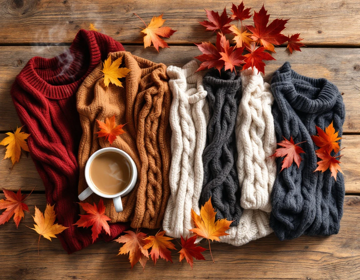 Folded autumn sweaters in burgundy, tan, and cream arranged with coffee and fall leaves on wooden table