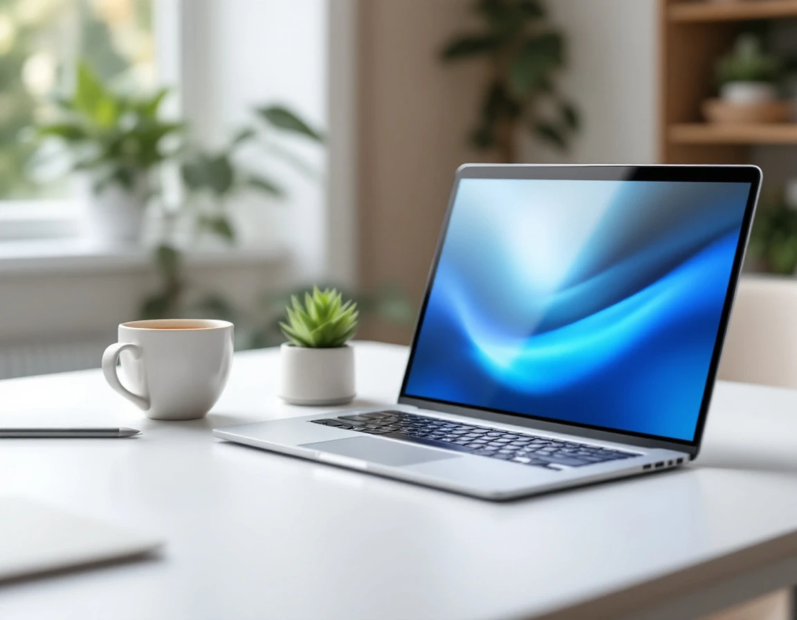 Laptop on clean desk with coffee cup in bright professional workspace suggesting secure online business environment