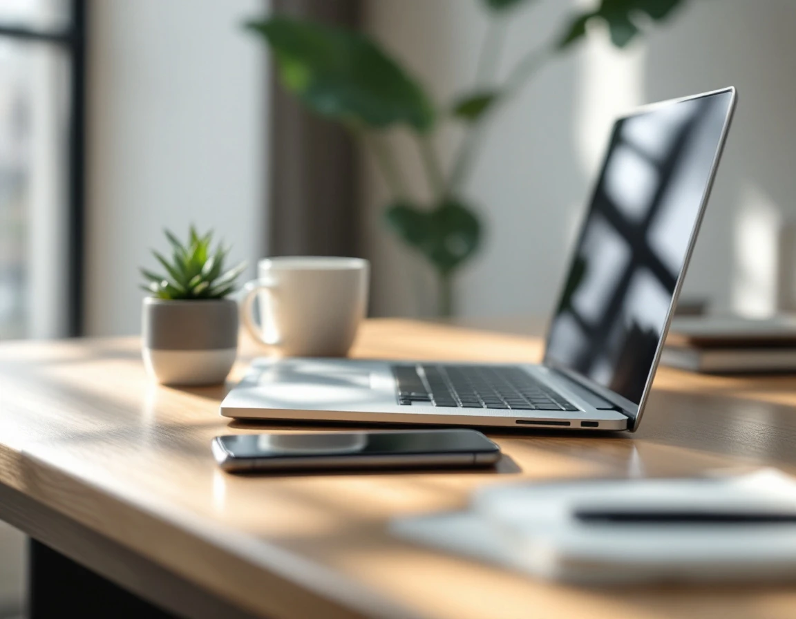 Organized workspace with closed laptop, coffee mug, and succulent plant on wooden desk with natural lighting