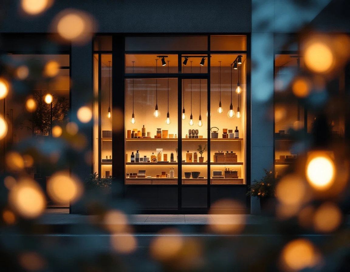 Modern retail storefront with warm interior lighting showcasing merchant-direct shopping environment at dusk