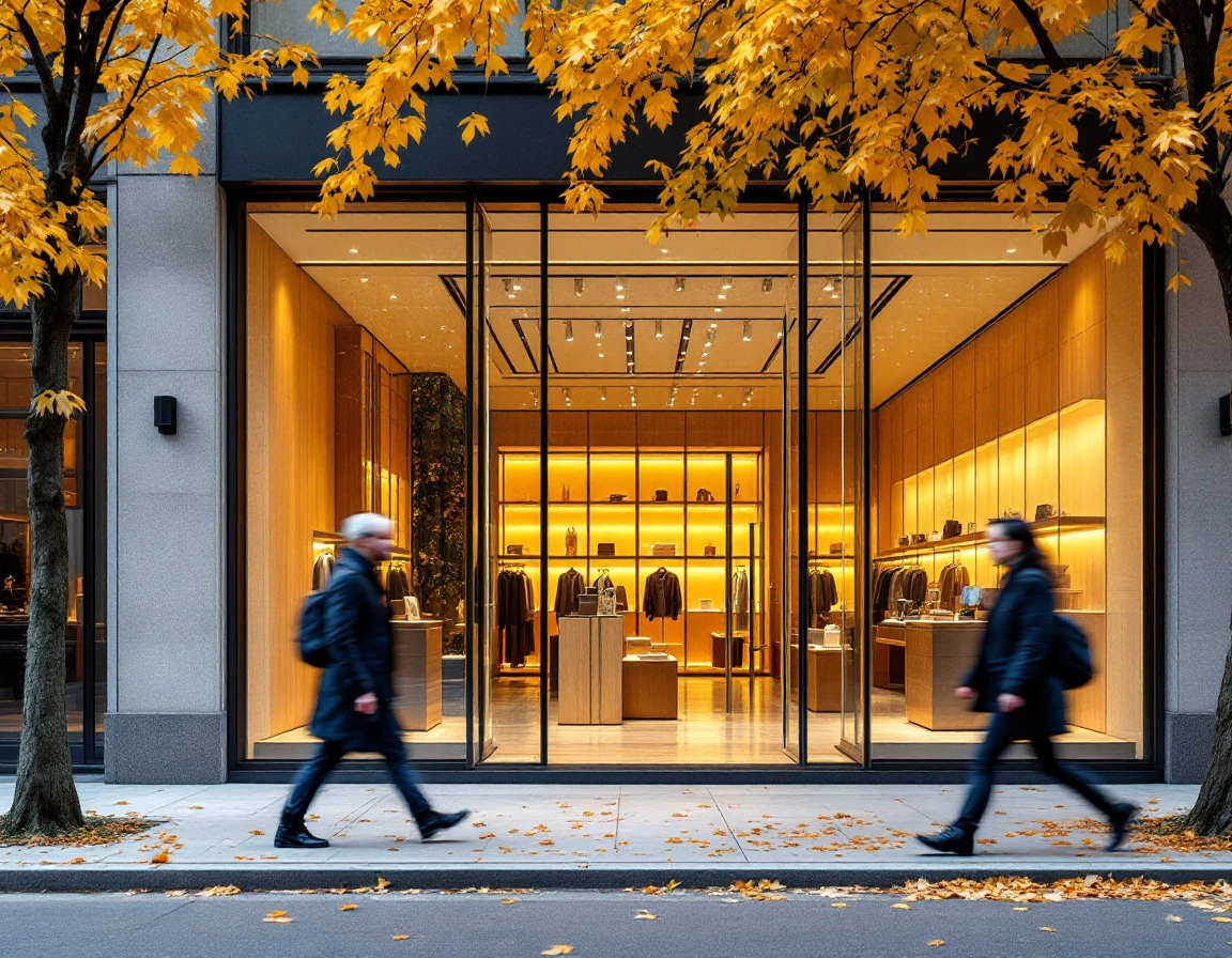 Luxury retail storefront with modern architecture and warm interior lighting during autumn season