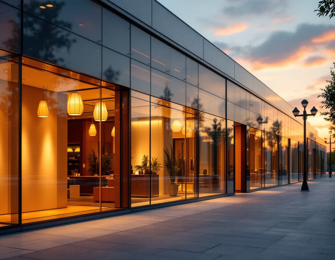 Contemporary retail storefronts illuminated at dusk with warm lighting and modern glass architecture