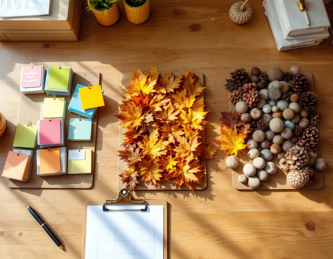 Seasonal product samples organized on desk showing summer clearance, fall merchandise, and holiday preview items