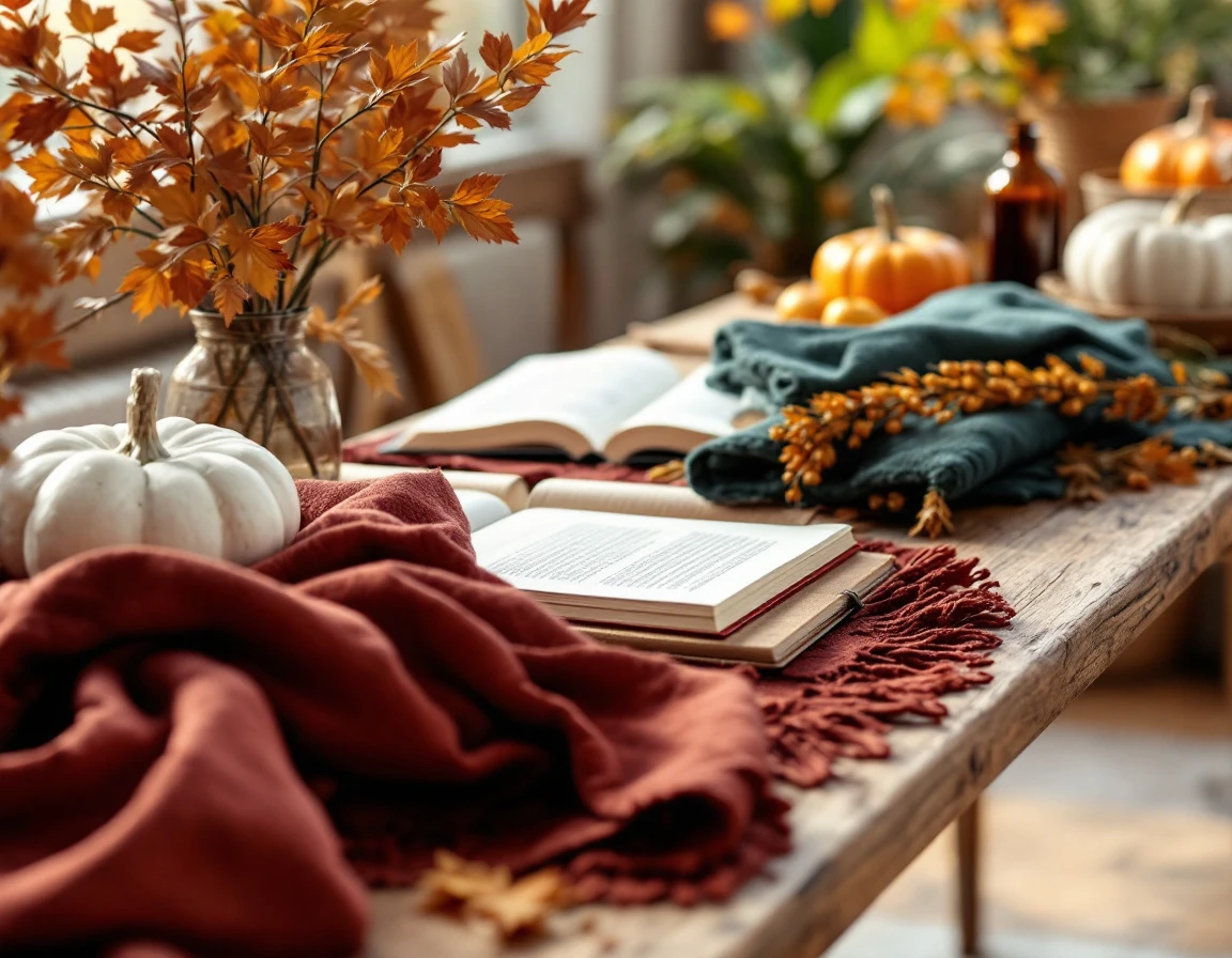 Curated autumn and holiday merchandise samples arranged on wooden surface with natural lighting