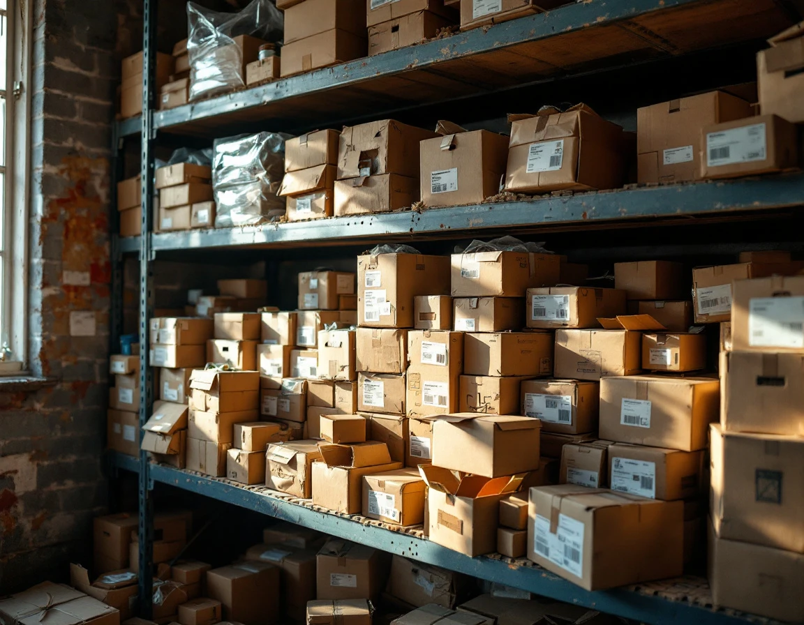 Disorganized warehouse inventory with inconsistent product packaging and chaotic shelf arrangement