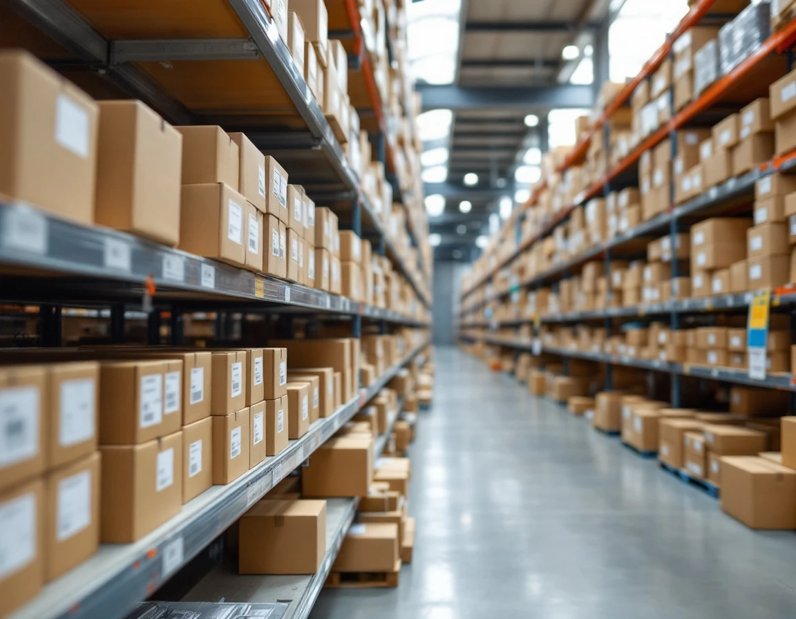 Organized warehouse shelving with standardized product inventory and barcode labels in systematic arrangement