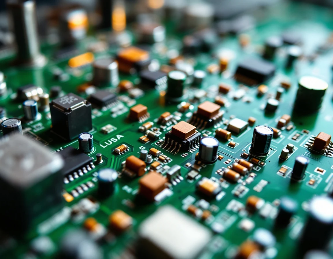 Macro photograph of circuit board components showing organized electronic architecture for product data systems