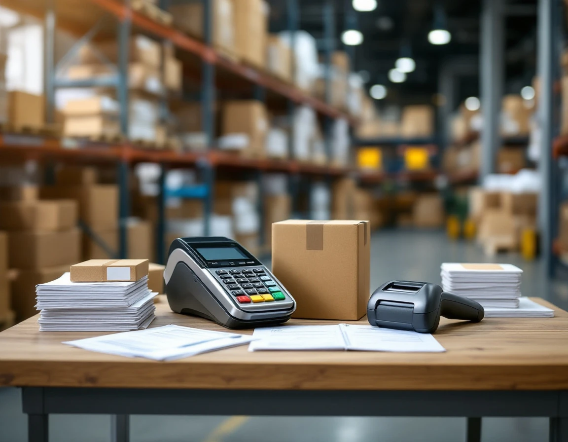 Payment terminal, shipping supplies, and inventory tools arranged on merchant workspace in warehouse setting