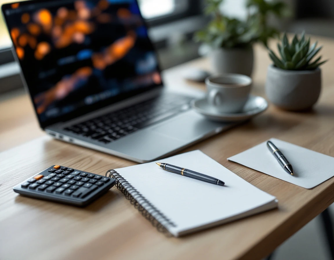 Modern ecommerce workspace with laptop, notepad, calculator and coffee cup in natural morning light