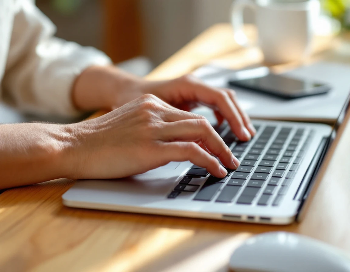 Hands typing on laptop keyboard at desk with coffee mug during online order processing