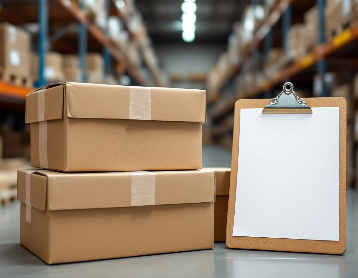 Cardboard shipping boxes with packing materials and blank clipboard on warehouse fulfillment station