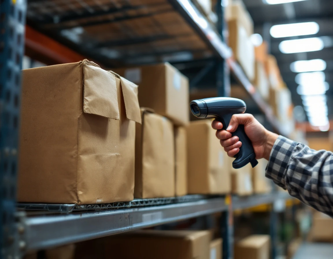 Barcode scanner over stacked shipping boxes in warehouse fulfillment center during back-to-school rush